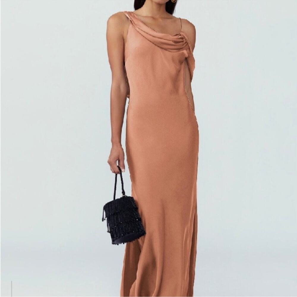 Fame and Partners Francois Bronze Satin Draped Maxi Dress Size 12 NWT - Picture 2 of 14